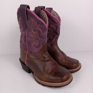 Dan Post Majesty Girls Leather Western Boots Brown & Purple Square Toe Cowgirl 9